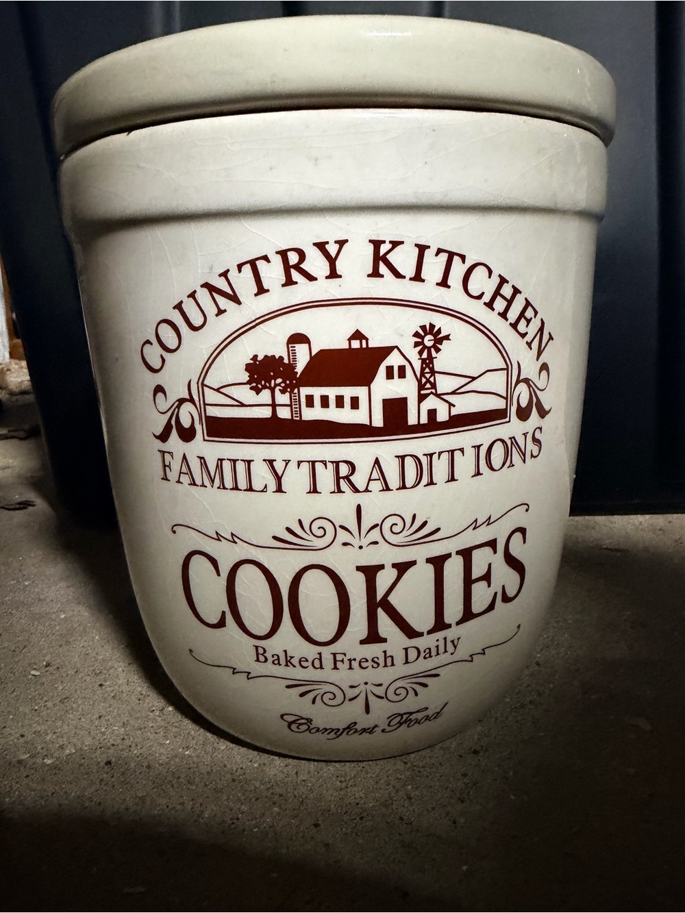 Family Traditions Cookies Canister - Cream with Brown Print